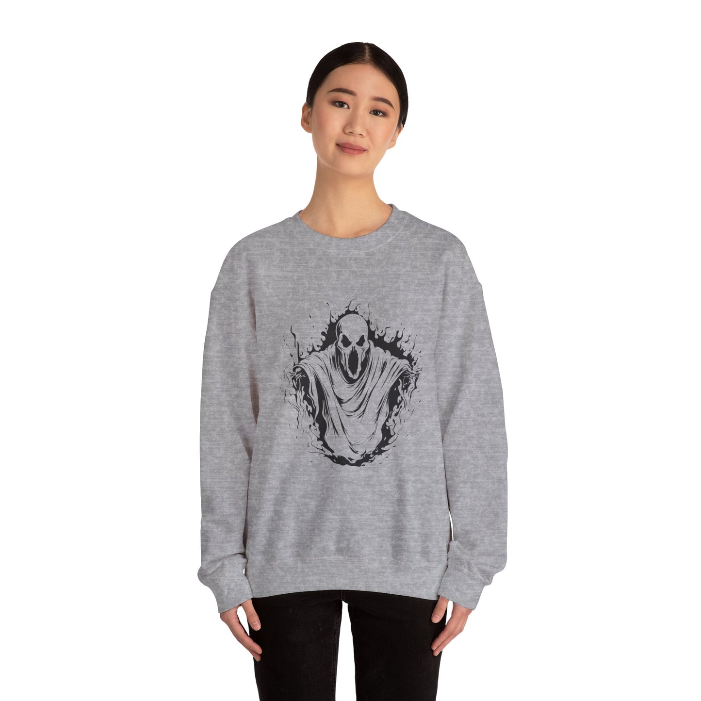 Spooky Ghost Print Crew Neck, Long Sleeve Sweatshirt Perfect for Fall/Winter