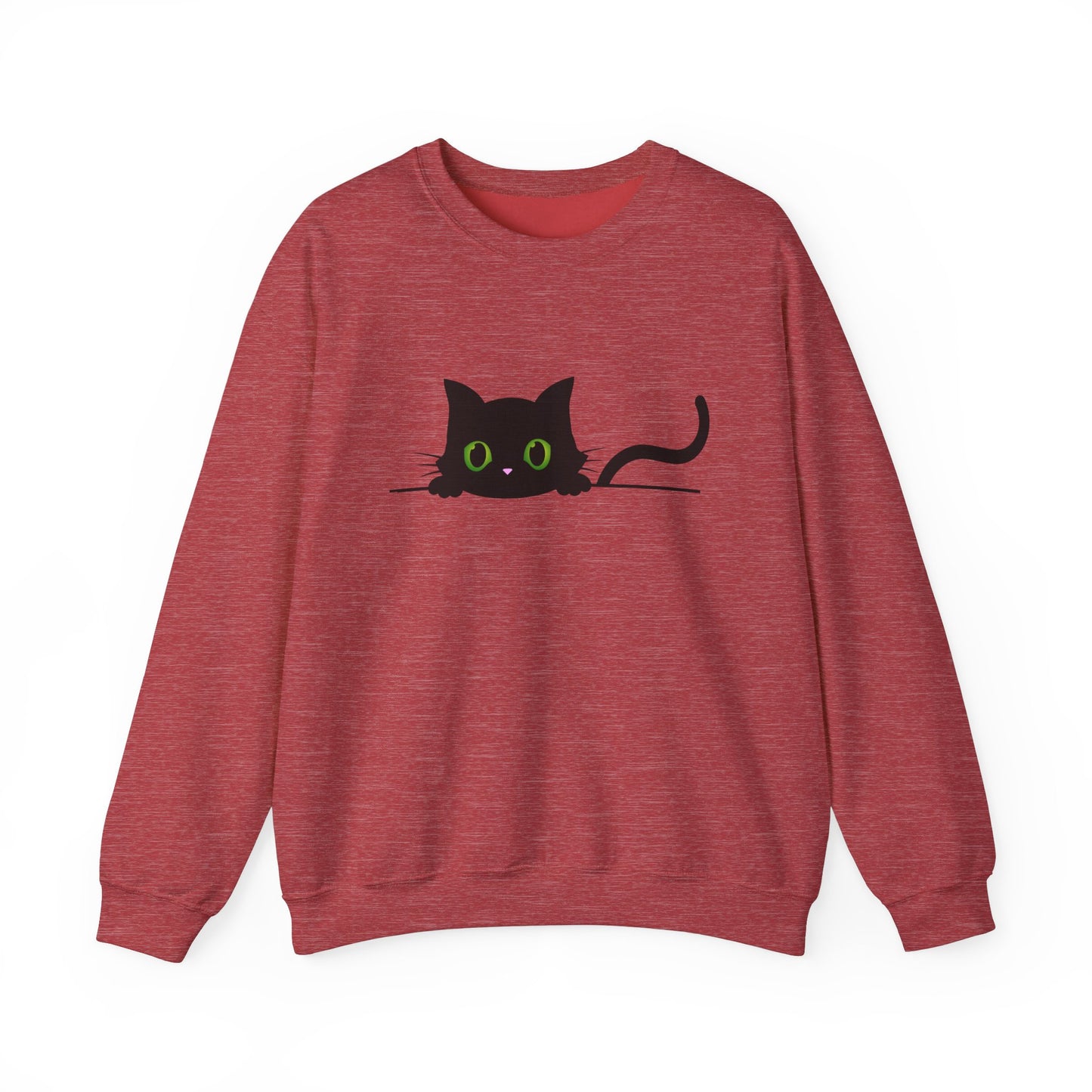 Casual Peeking Black Cat Print Crew Neck, Long Sleeve Sweatshirt Perfect for Fall/Winter