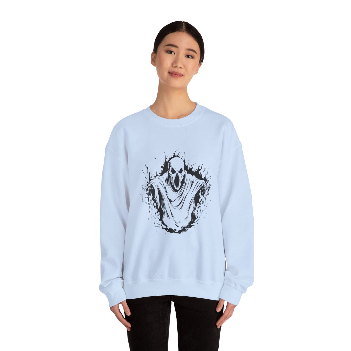 Spooky Ghost Print Crew Neck, Long Sleeve Sweatshirt Perfect for Fall/Winter