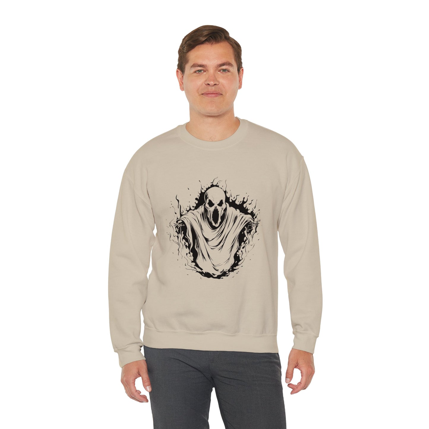 Spooky Ghost Print Crew Neck, Long Sleeve Sweatshirt Perfect for Fall/Winter