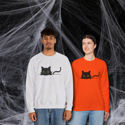 Casual Peeking Black Cat Print Crew Neck, Long Sleeve Sweatshirt Perfect for Fall/Winter