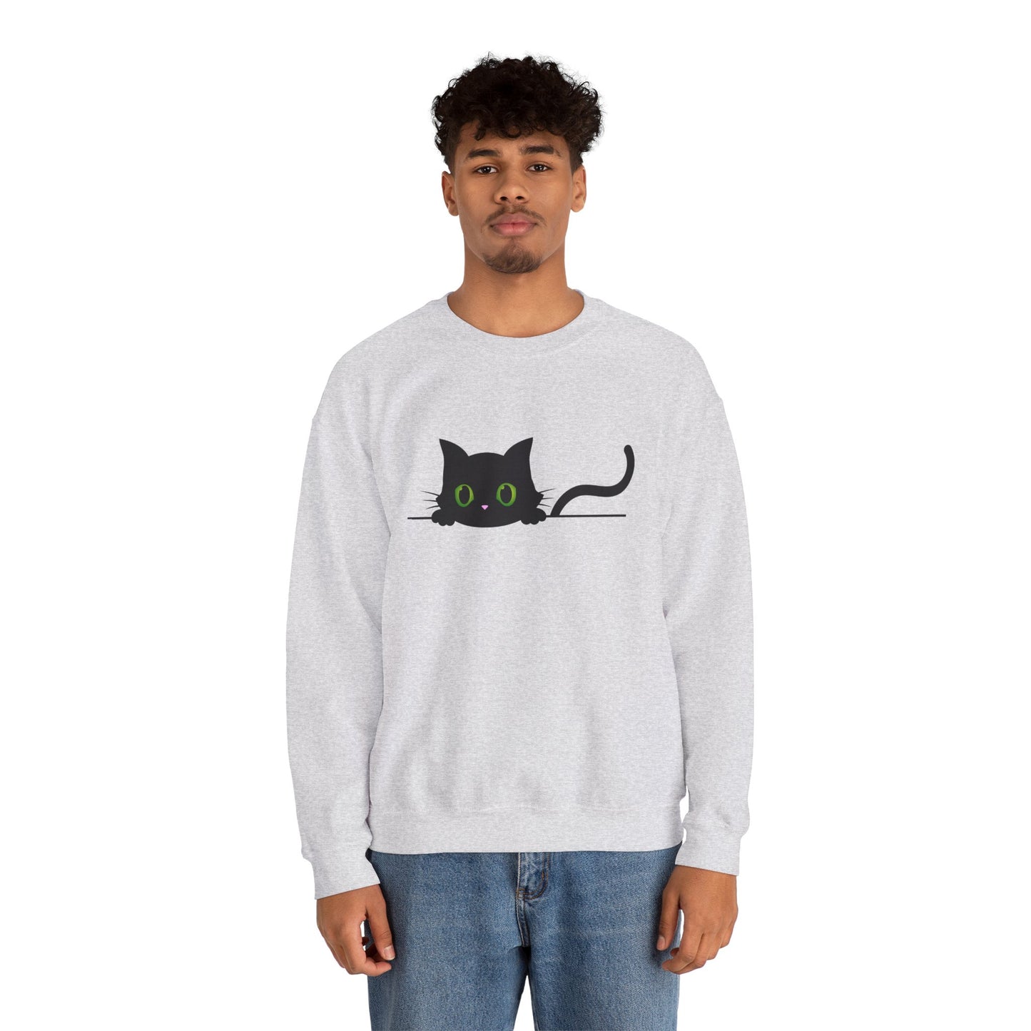 Casual Peeking Black Cat Print Crew Neck, Long Sleeve Sweatshirt Perfect for Fall/Winter