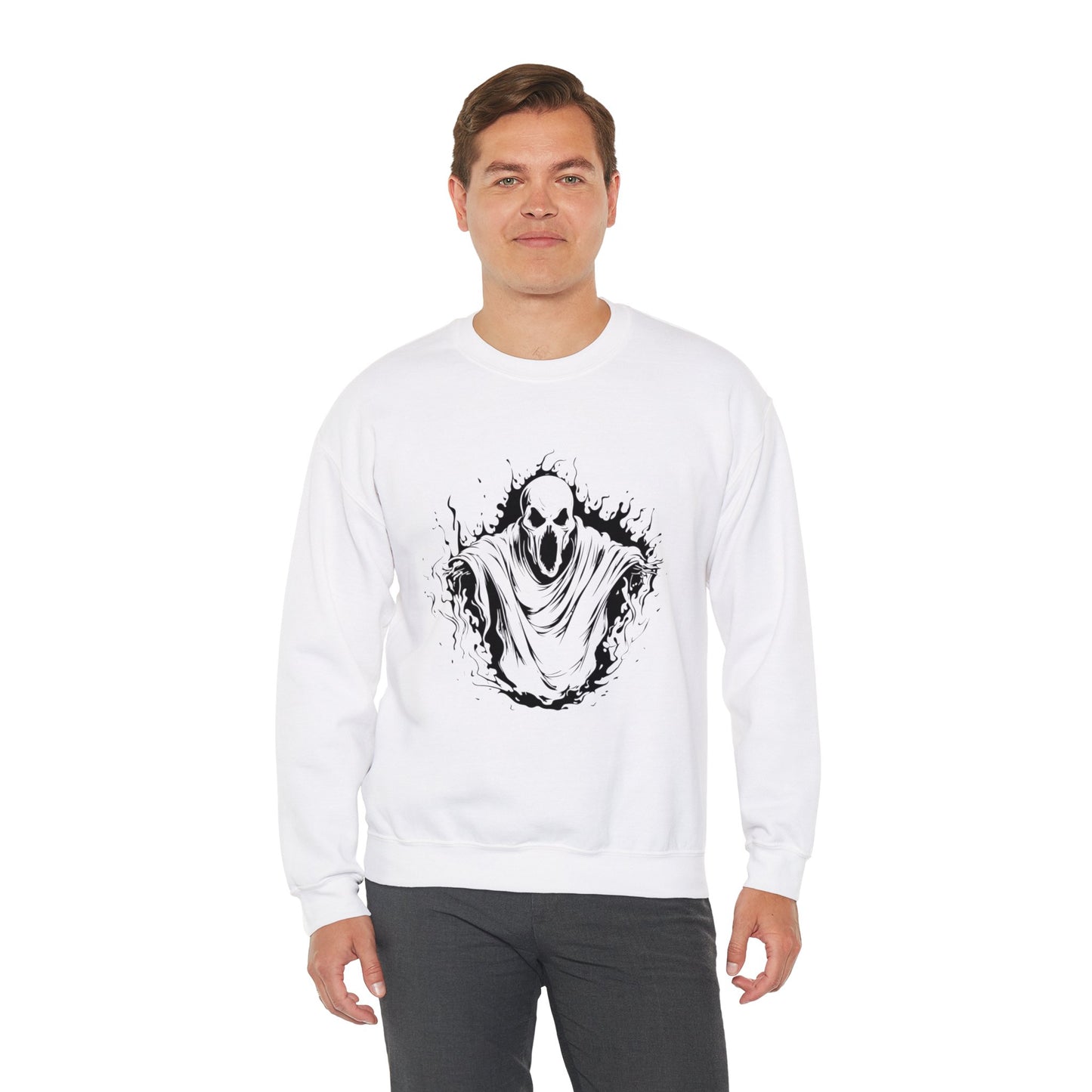 Spooky Ghost Print Crew Neck, Long Sleeve Sweatshirt Perfect for Fall/Winter