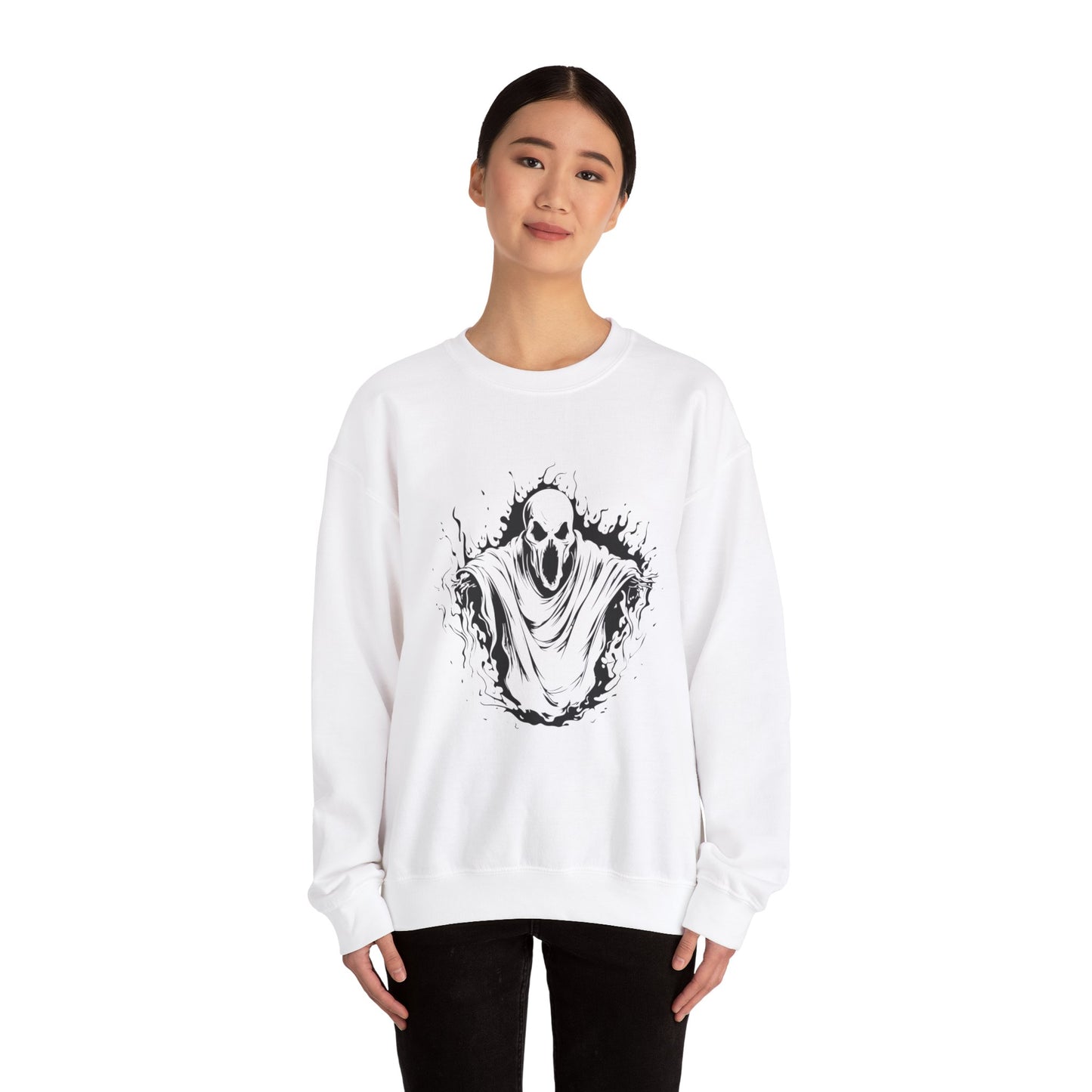 Spooky Ghost Print Crew Neck, Long Sleeve Sweatshirt Perfect for Fall/Winter