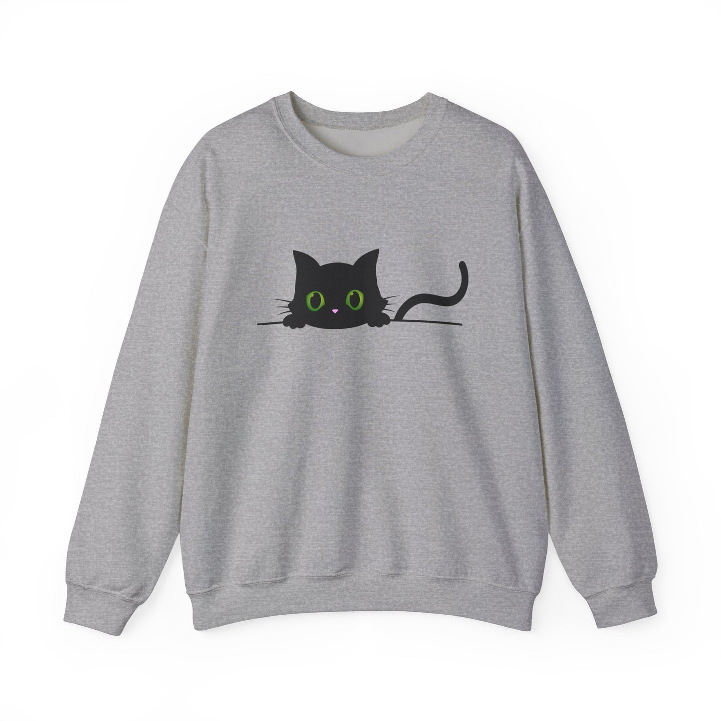 Casual Peeking Black Cat Print Crew Neck, Long Sleeve Sweatshirt Perfect for Fall/Winter