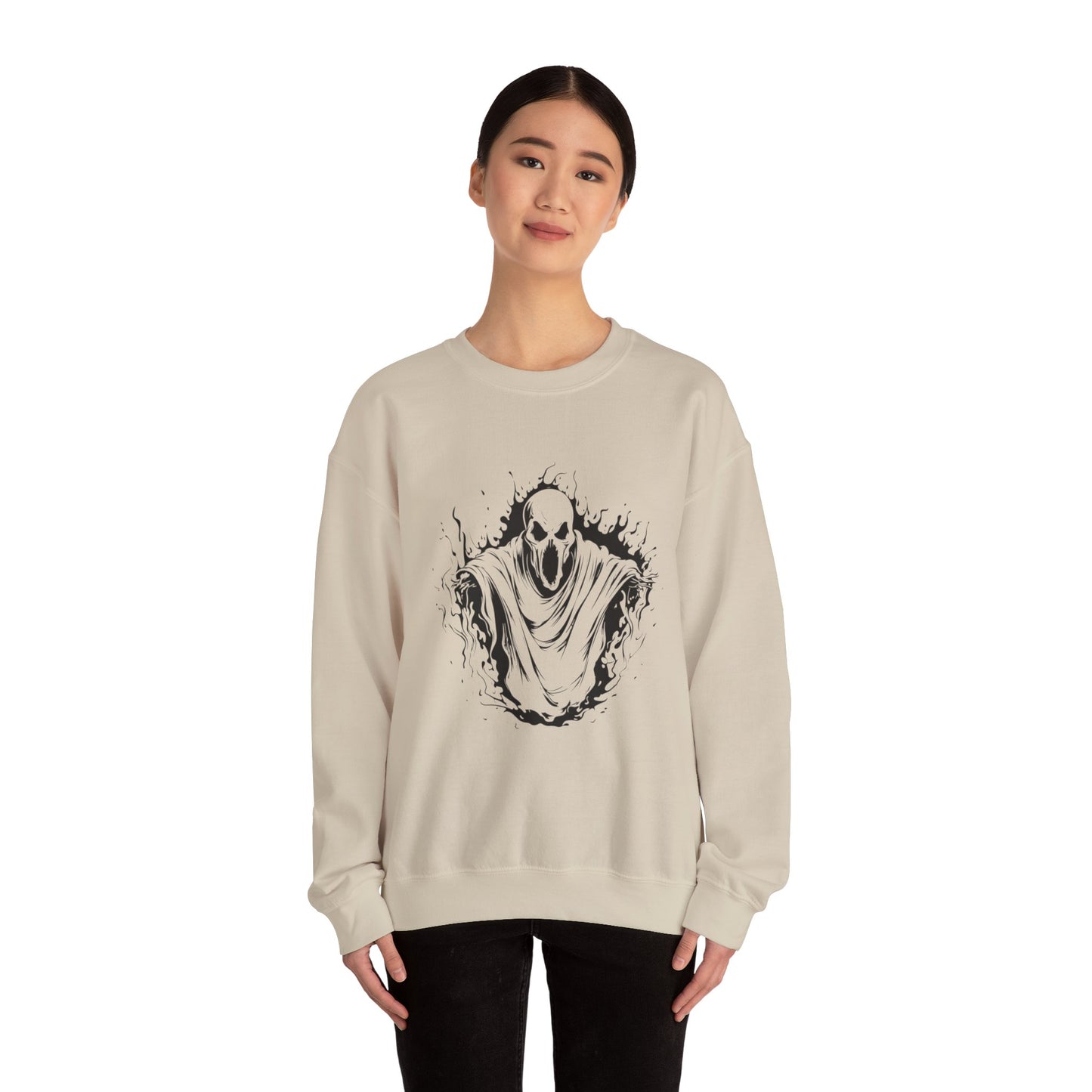Spooky Ghost Print Crew Neck, Long Sleeve Sweatshirt Perfect for Fall/Winter