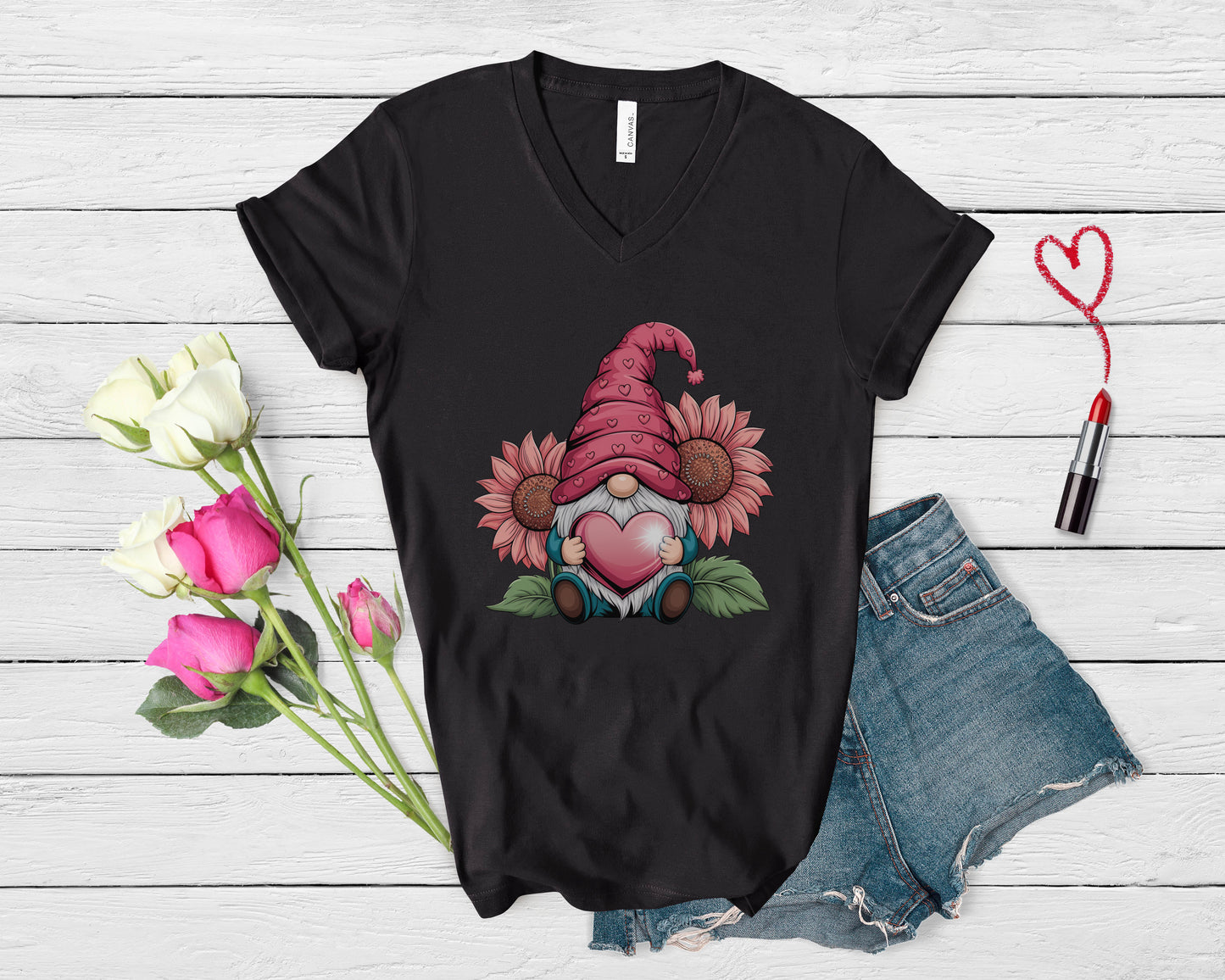 Valentine Gnome V-Neck T-Shirt