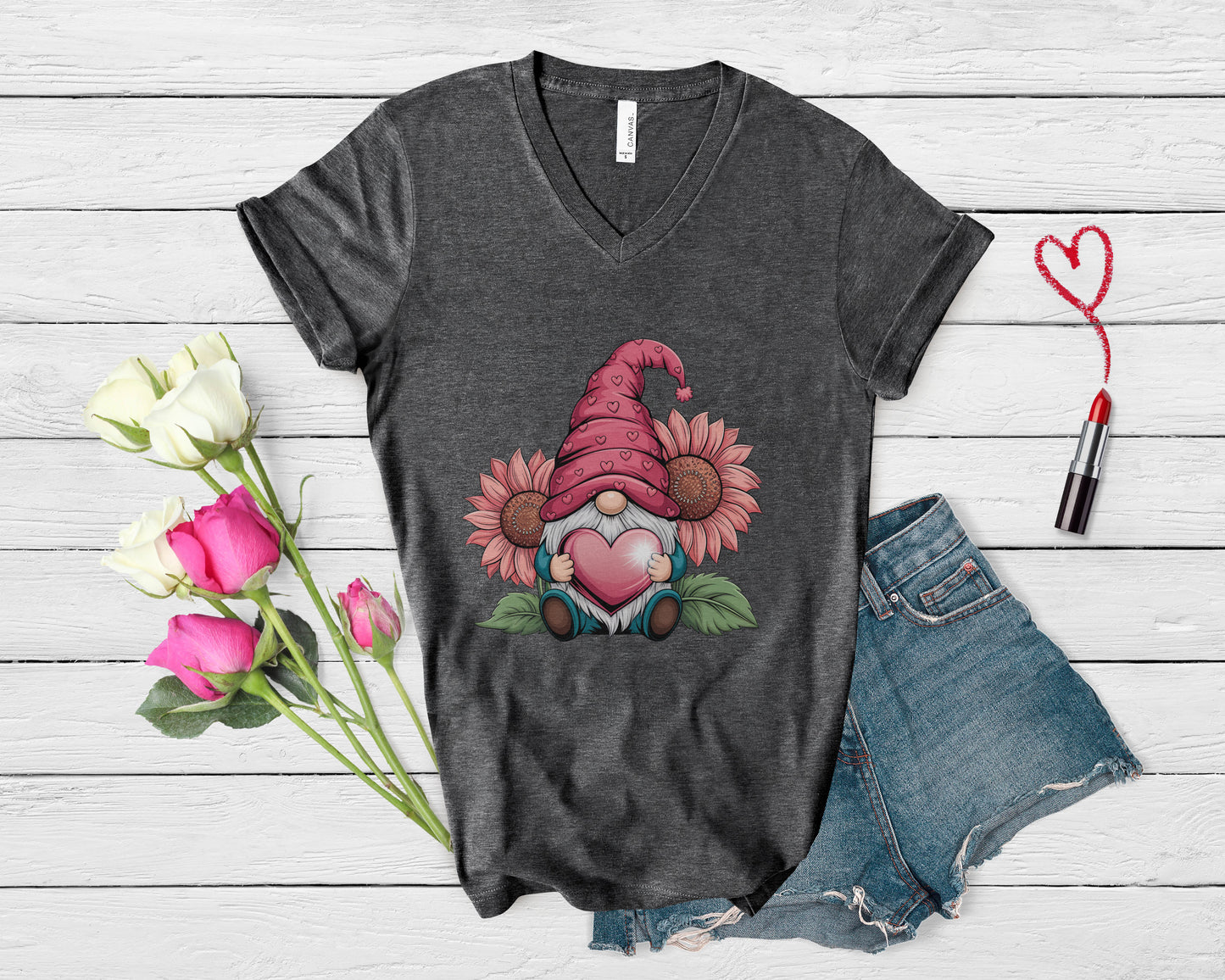 Valentine Gnome V-Neck T-Shirt