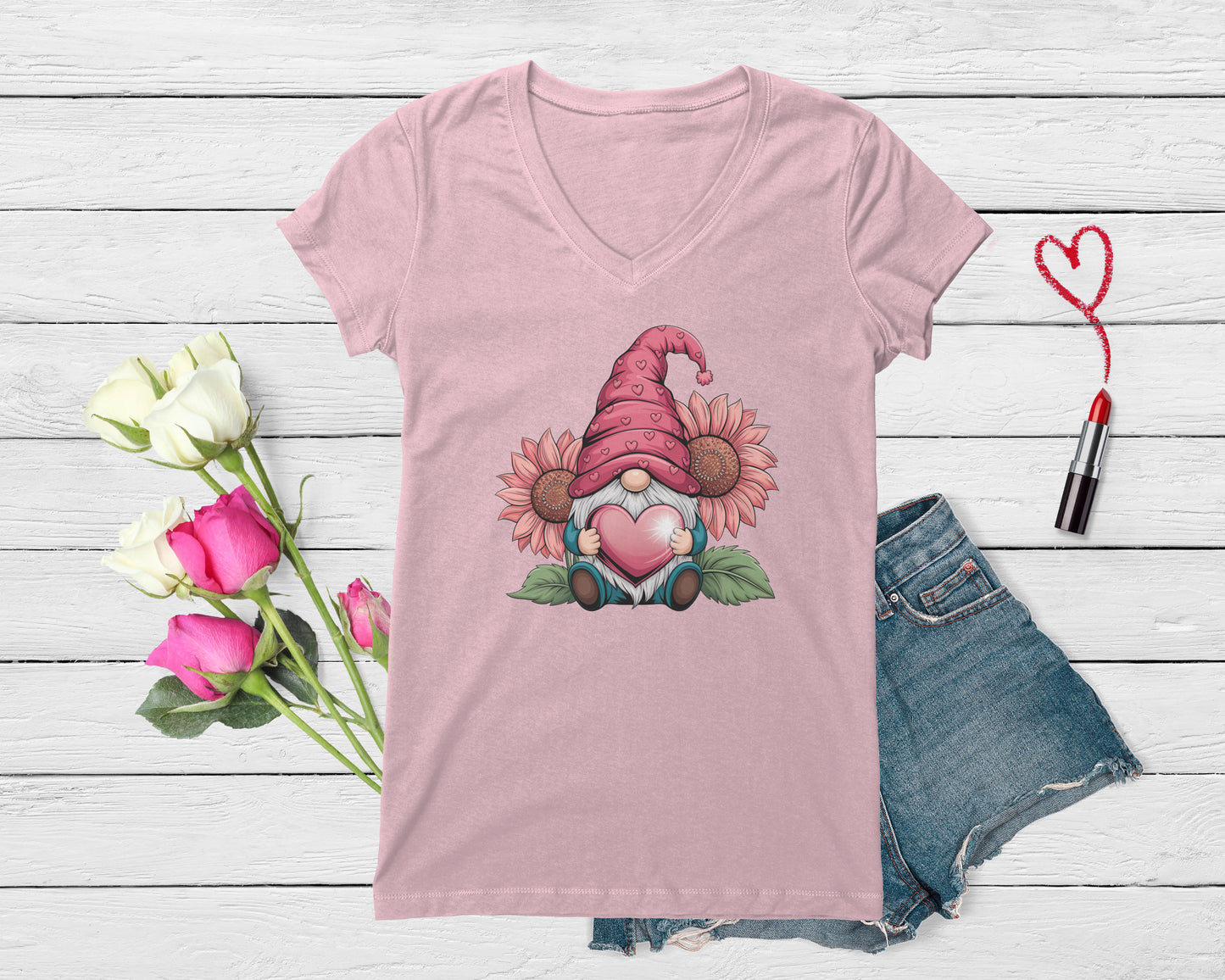 Valentine Gnome V-Neck T-Shirt