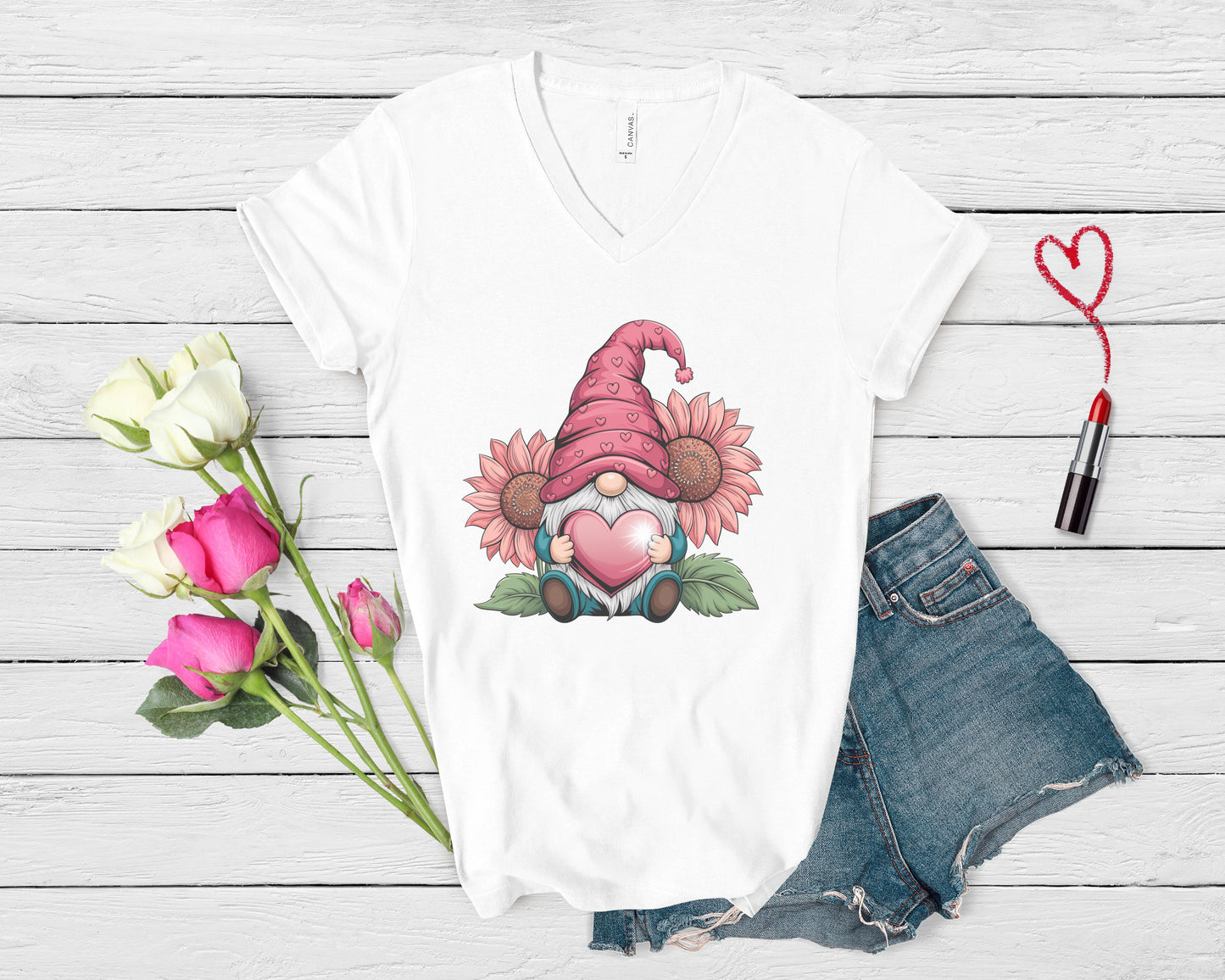 Valentine Gnome V-Neck T-Shirt